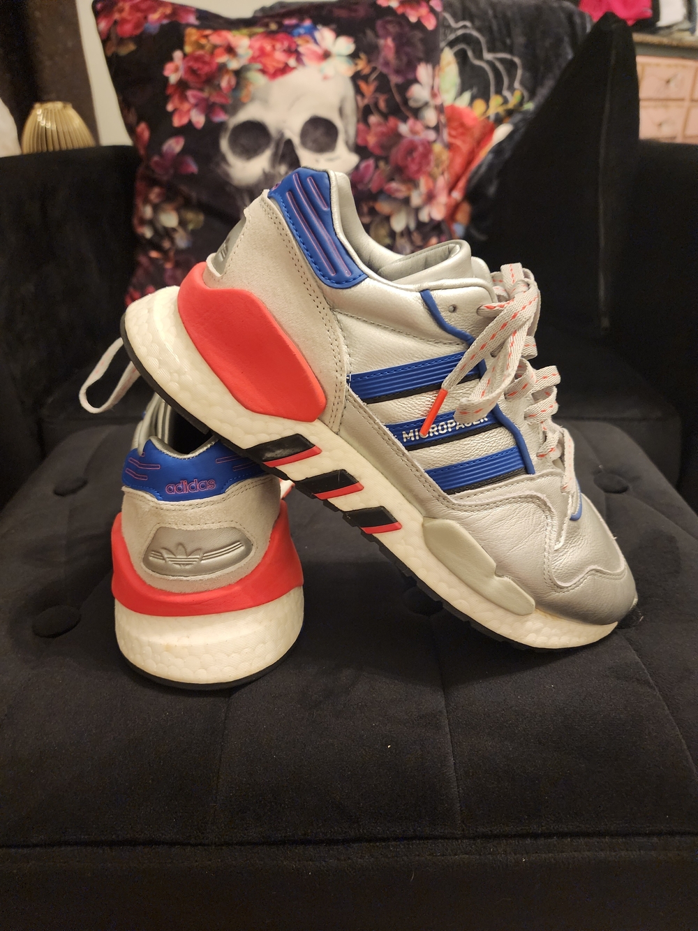 adidas Silver-Tone Micropacer Sneakers with Red, White, And Blue Accents